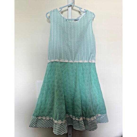Vtg Rare Editions Eyelet Lace Dress Mint Green and Stripe Bow Back Girls 10 - Picture 1 of 6